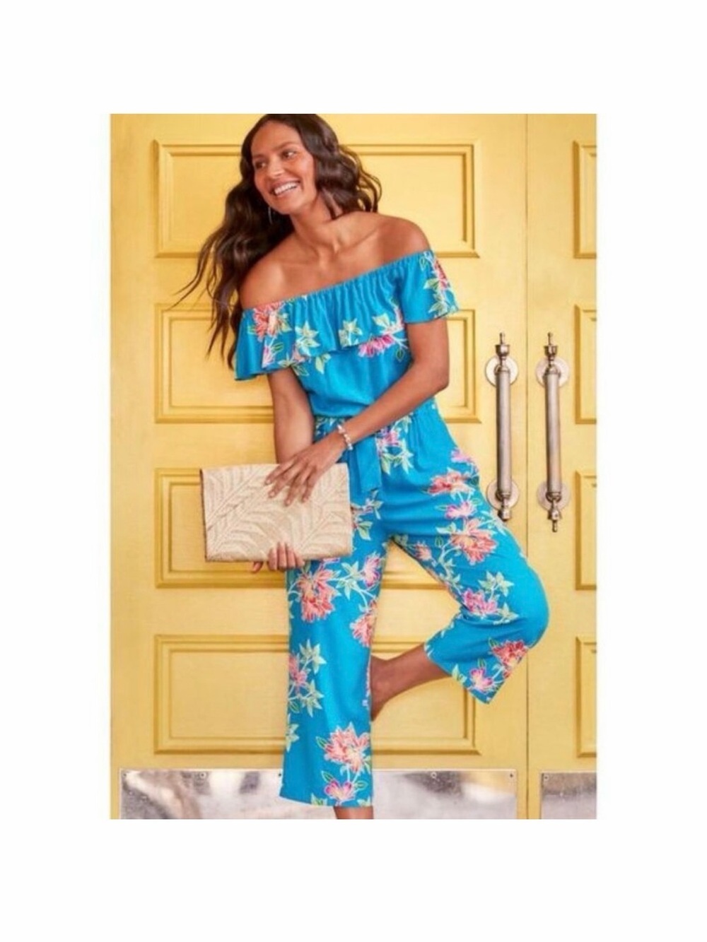 Tommy Bahama Blue Off-Shoulder Ruffled Floral Jumpsuit Wide Leg Summer